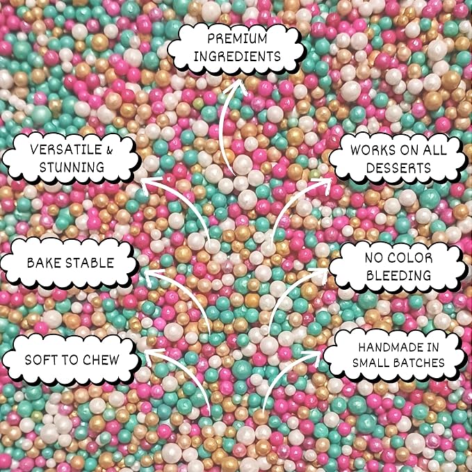 Confect Love Disco Balls Sprinkles Mix | Edible Decorative Pearl Balls in Turquoise, Pink, Gold & White – Cake Sprinkles for Decorating Cupcakes, Cookies, Cakes, and Party Treats | Vegan, Gluten-Free, Nut-Free, Soy-Free, Dairy-Free, Palm Oil-Free- 4.2