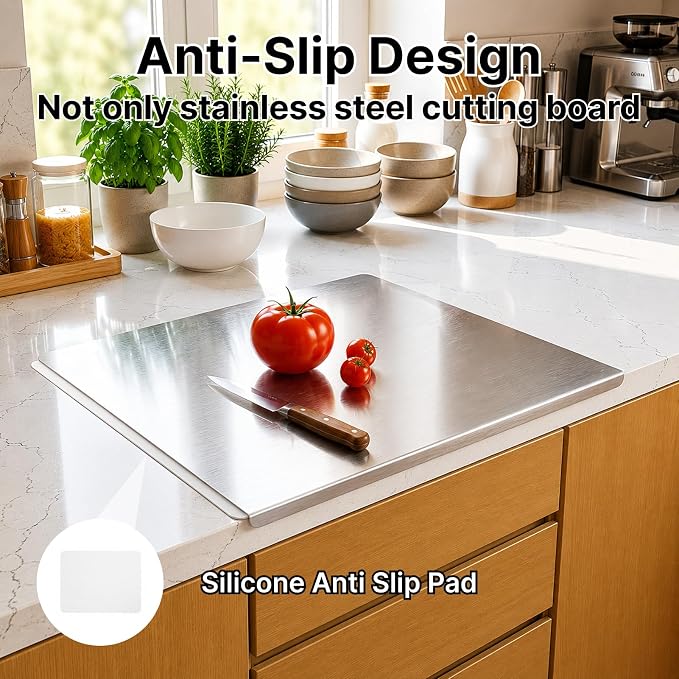 Large Stainless Steel Cutting Board with Lip for Kitchen, Chopping Boards with White Non-slip Mat, Cutting Board with Counter Lip for Meat, Fruits, Vegetables, Bread,Dough(15.7" × 11.8")