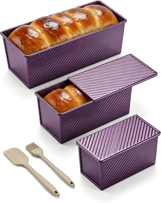 CARTMAN 3-Piece Pullman Loaf Pan with Lid Set – Non-Stick Carbon Steel Bread Pan with Bottom Vents – Includes Large (12"), Medium (8") & Mini (7") Sizes plus Silicone Tools – Plum Purple