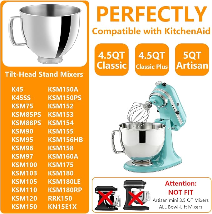 5QT Stainless Steel Mixer Bowls with Handle Fit for KitchenAid 4.5 & 5-Quart Tilt-Head Stand Mixers Replacement/Accessories Bowl for Mixer Dishwasher Safe Oven Safe Easy to Clean Polished