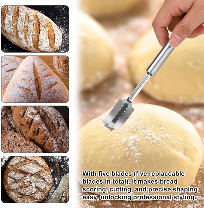 Danish Dough Whisk Set, Stainless Steel Bread Whisk Sourdough Mixer with Cutter Scraper Pastry Brush Knife & Storage Bag for Cooking Baking
