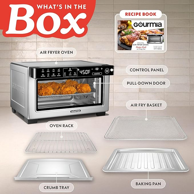 Gourmia Toaster Oven Digital Air Fryer - Convection Mode with 4 Slice Capacity, 3 Rack Positions, 12 Presets, Toast, Bagel, Bake, Roast, Broil, Dehydrate, Popcorn, Fits 9" Pizza, Stainless Steel