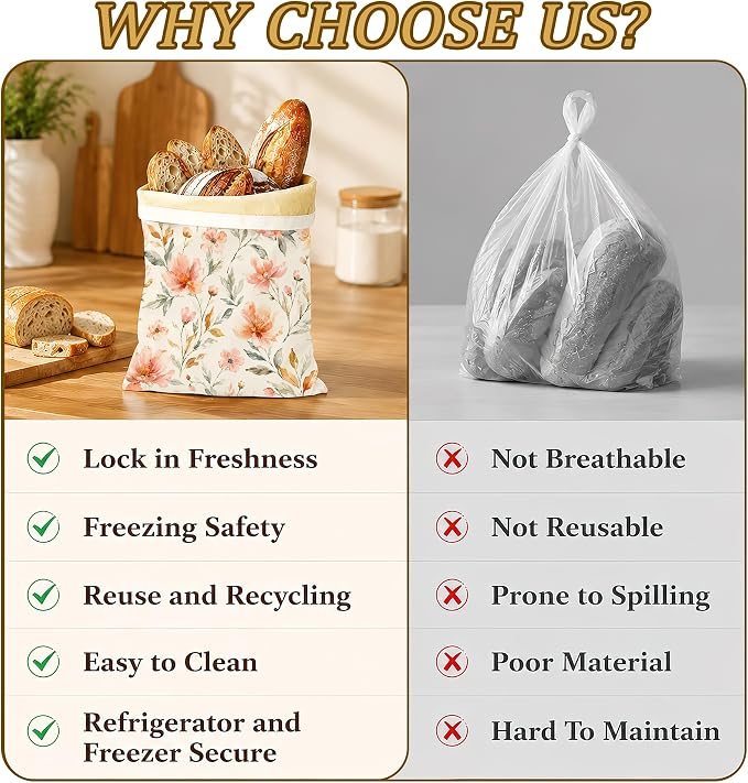 2 Pack Beeswax Linen Peach Blossom Bread Bags, Watercolor Floral Reusable Fresh Keeping Bags for Sourdough & Baguette, Freezable Portable Bread Storage Container 17×13''