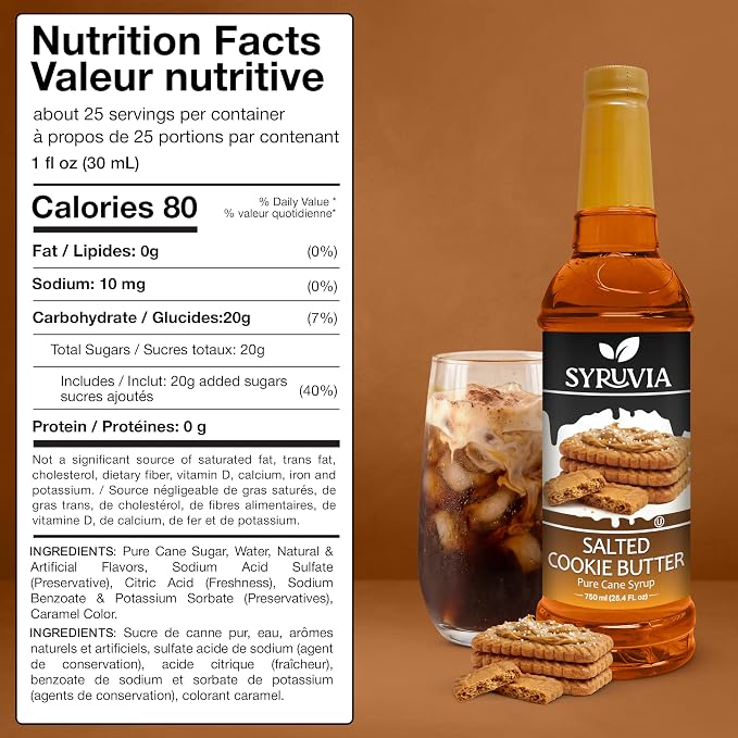 Syruvia Coffee Syrup, Salted Cookie Butter Flavored Syrup for Drinks, Lattes, and Desserts – 25.4 fl oz - with Pump