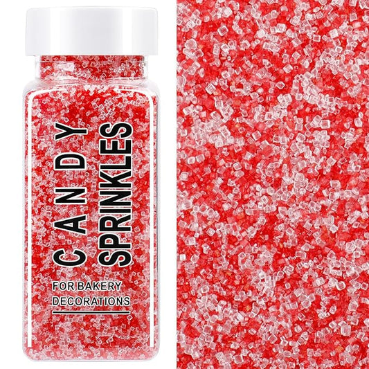 Red & White Sanding Sugar Sprinkles, 4.6 oz Edible Peppermint Sparkling Sugar Crystals for Baking Topping, Cupcakes, Cookies, Ice Cream & Cake Decorating, Wedding Valentines Christmas Holiday Supplies