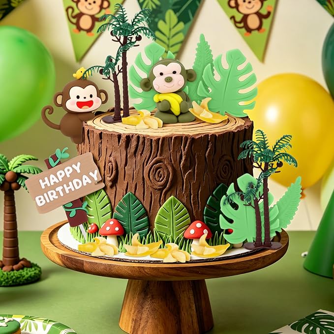 Hooqict 18Pcs Monkey Cake Decorations Set with Mini Banana Coconut Trees Happy Birthday Cake Toppers for Jungle Safari Animal Baby Shower Monkey Themed Birthday Party Decorations Supplies