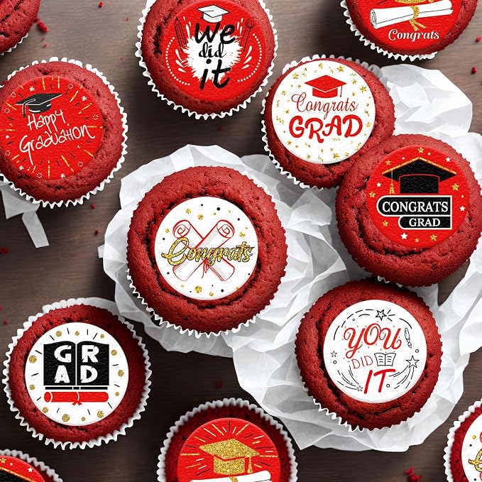 36PCS Edible Graduation Cap Cupcake Toppers Wafer Paper Grad Cap Diploma Cake Decorations Edible Grad Cap Cupcake Picks for 2026 Grad Theme Party Cake Decor Supplies (Red)