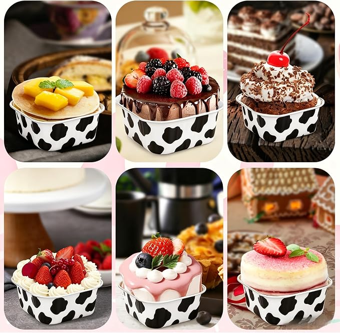 30Pack 5oz Cow Mini Cake Pans with Lids Baking Cups Aluminum Foil Pans Tins, Individual Dessert Cups Containers for Sales,Party,Picnics