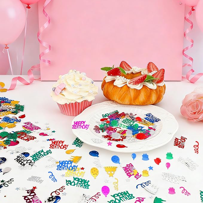 Birthday Confetti, Happy Birthday Party Glitter Table Confetti, 60g Multicolor Metallic Foil Cake Balloon Confettis Sprinkles Table Centerpiece for Baby Shower Party Decorations DIY Arts and Crafting