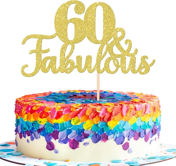 1 PCS 60 & Fabulous Cake Topper Gold Glitter 60th Birthday Anniversary Cake Pick Decoration for 60th Birthday Wedding Anniversary Party Decorations Happy 60th Birthday Cake Decorations Supplies