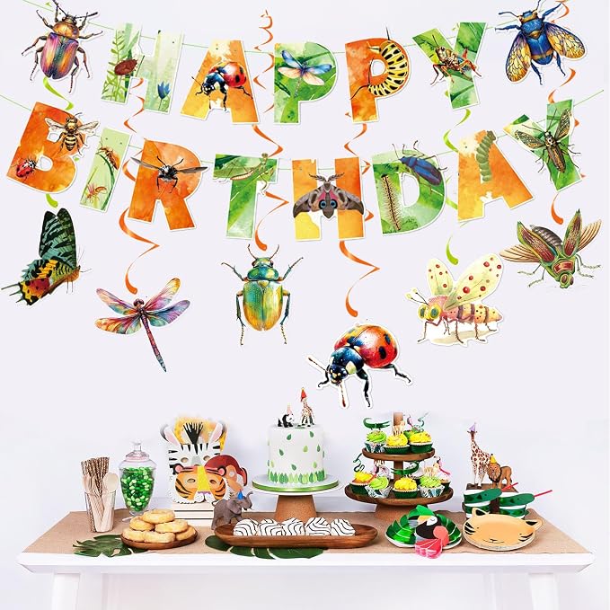 Zwiebeco Multicolored Insect Happy Birthday Banner Bunting Hanging Paper Swirls Garland Party Decorations for Boys Girls Kids Baby Shower Spring Summer Themed Bday Decor Accessories Supplies