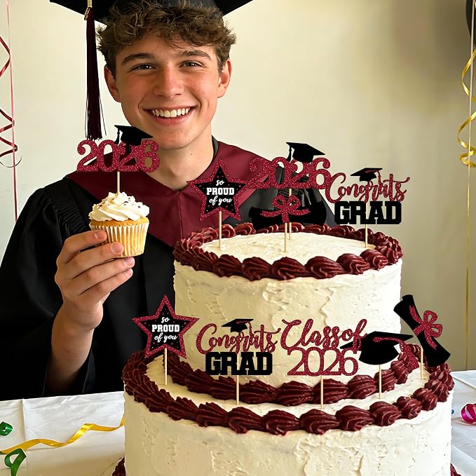 48 PCS Graduation Cupcake Toppers 2026, 6 Styles Grad Cake Topper, Congrats Graduation Decorations, Black and Burgundy Glittery Cap and Diploma Cake Picks for Grad Party Decor Supplies