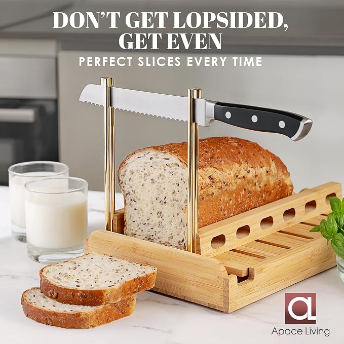 DITTO 2.0 Bamboo Bread Slicer for Homemade Bread - 6.5" Wide Adjustable Bread Slicer Guide Cuts Even Slices, 4 Thickness Options - Works with Buns, Bagels - Incl Crumb Tray