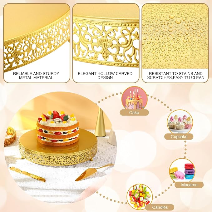 Wenqik 14 Inch Gold Cake Stand Set Metal Round Cupcake Dessert Stand with Cake Cutting, Spatula Wedding Cupcake Pastry Display Candy Holder Display for Wedding Party Birthday Baby Shower(Classic)