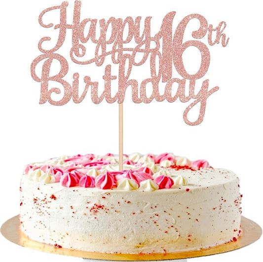 1 PCS Happy 16th Birthday Cake Topper Glitter Cheers to 16 Years Birthday Cake Pick Sweet 16 Fabulous Cake Decoration for Happy 16th Birthday Theme Party Decorations Supplies Rose Gold