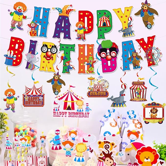 Zwiebeco Colorful Circus Happy Birthday Banner Bunting Hanging Paper Swirls Garland Party Decorations for Funfair Circus Amusement Park Clown Carnivals Themed Kids Bday Decor Accessories Supplies
