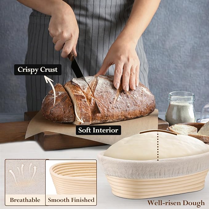 P&P CHEF Sourdough Bread Proofing Basket Set of 6, 10 Inch Oval Dough Proofing Bowls, Sourdough Bread Baking Supplies for Bakers, Handmade Rattan Baskets with Cloth Liner