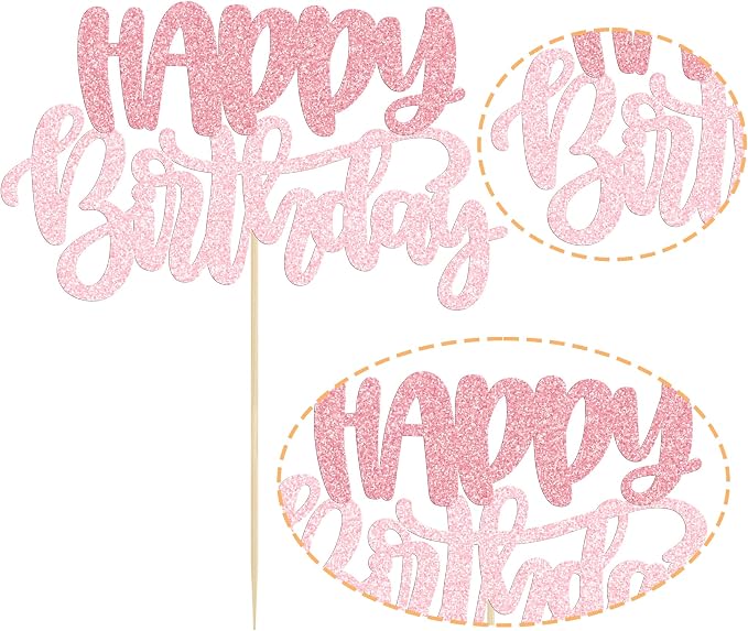 Gyufise 1Pcs Happy Birthday Cake Topper Glitter Cake Pick for Celebrating Anniversary Theme Party Cake Decorations Supplies Pink