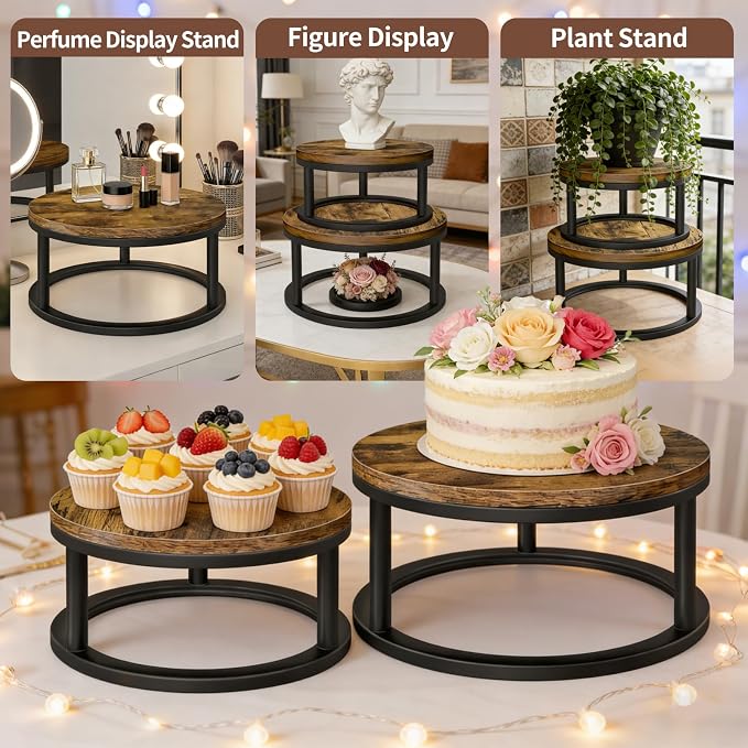 Cake Stand Set, 2 Packs Round Cupcake Stand Cake Pedestal Stand (10"/12" Plate) Industrial Rustic Wood Rustic Dessert Table Display Stand Set Serving Tray for Party, Wedding, Birthday, Baby Shower