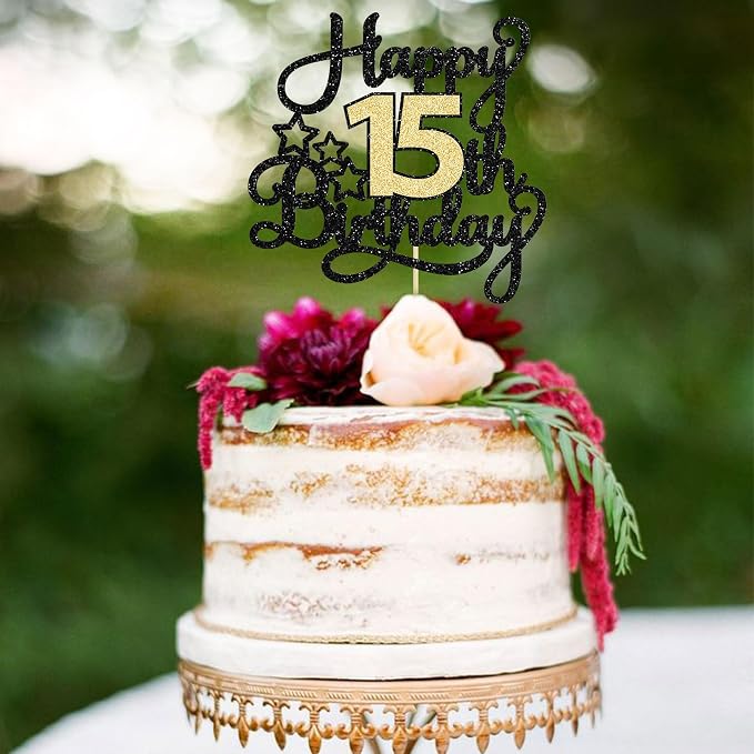 1Pc Happy 15th Birthday Cake Topper Black Gold Glitter Cheers to 15 Years Birthday Cake Pick 15 Fabulous Cake Decoration for Happy 15th Birthday Anniversary Party Cake Decorations Supplies