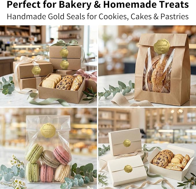 Handmade with Love Gold Foil Stickers, Pack of 100 Embossed Matte Gold Seals for Bakery Packaging, Treat Bags, Pastry Boxes, Small Business Thank You Labels for Gift Wrapping, 1.7 Inch (Gold)