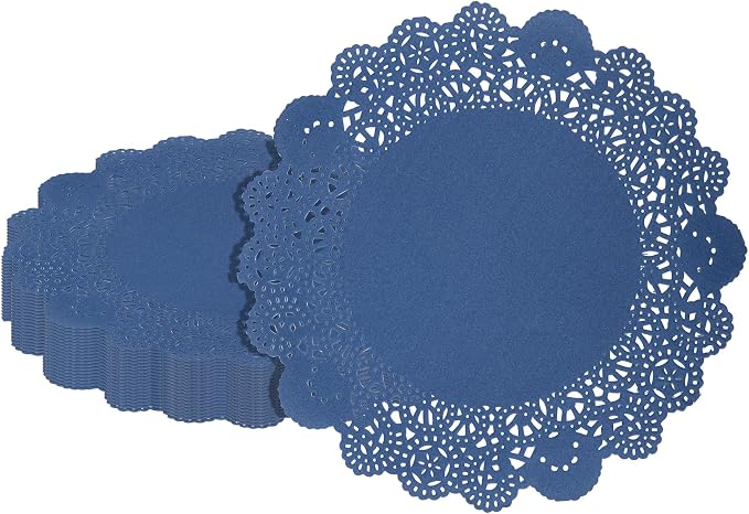 Restaurantware-Pastry Tek 8 x 8 Inch Paper Lace Doilies, 100 Disposable Table Doilies - Elegant Lace Finish, Long Lasting, Navy Blue Paper Placemat, for Pastries, Cupcakes, Desserts