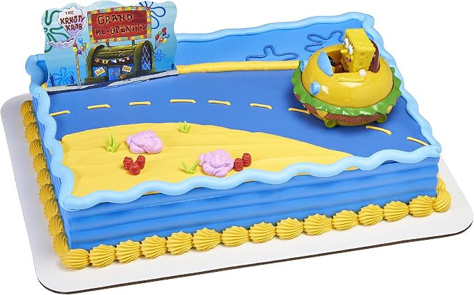 DecoSet® SpongeBob Square Pants Krabby Patty Cake Topper, 2-Piece Birthday Party Set with Rolling Car Figure for Fun After the Party, 3"H x 4.25"W