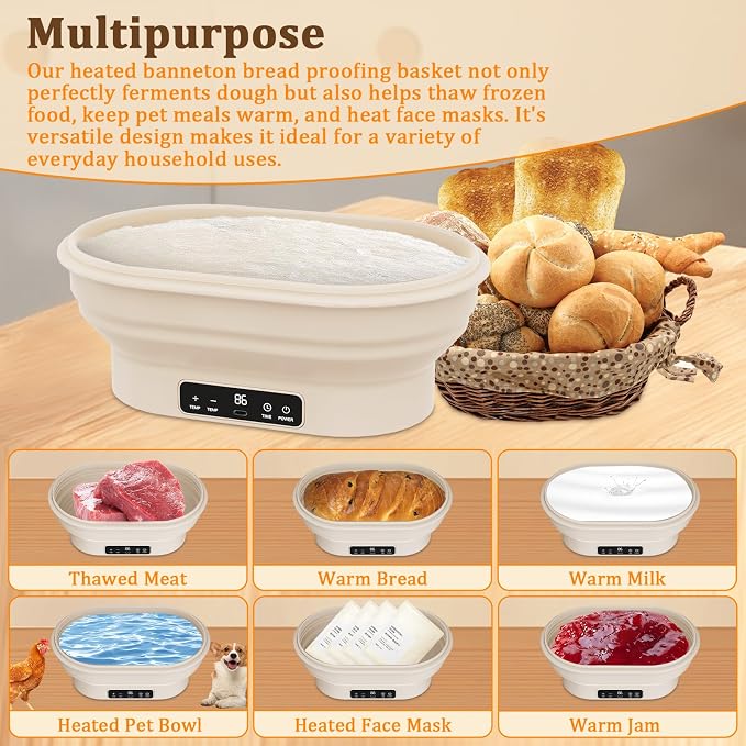 PChero Heating Sourdough Bread Proofing Basket with 6 Temp & Timer, 11" Oval Sourdough Starter Kit, Foldable Silicone Bread Bowl, Bread Baking Supplies
