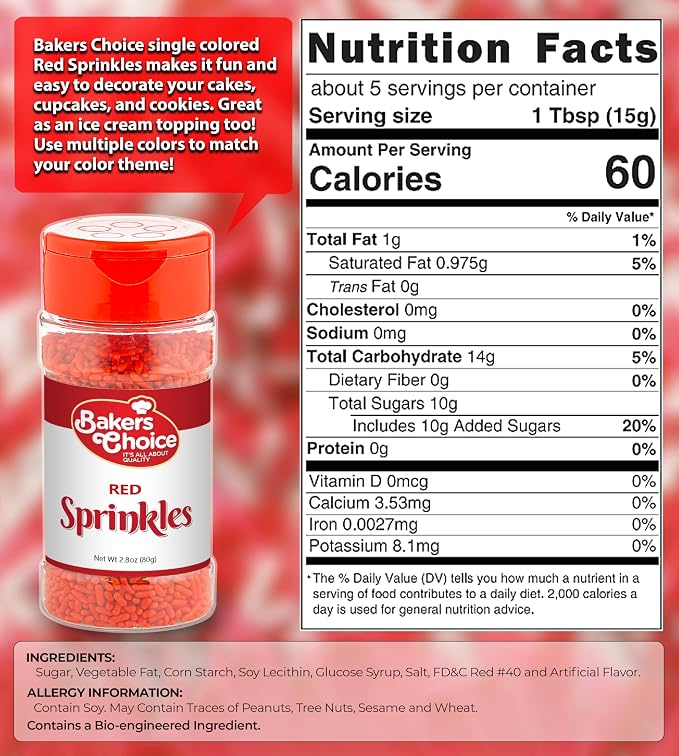 Bakers Choice Red Sprinkles for Baking - Jimmies Sprinkles for Ice Cream Toppings - Dairy Free, Kosher 2.8 oz.