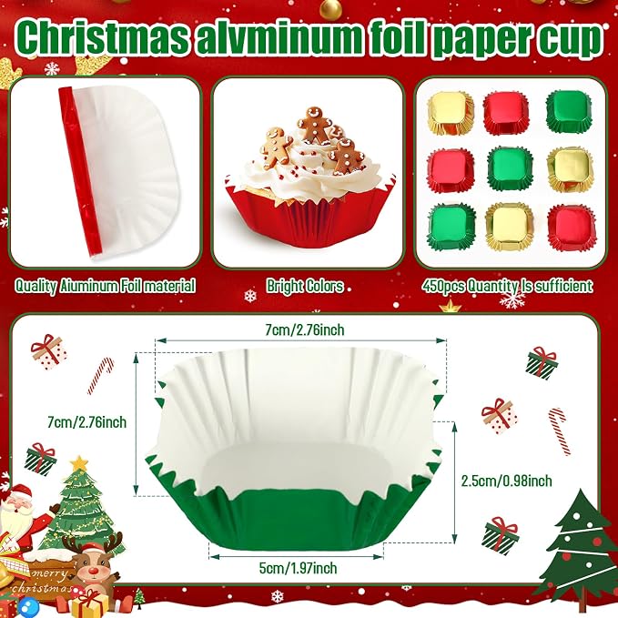 SANNIX 450Pcs Christmas Foil Metallic Cupcake Liner Baking Cups, Muffin Tins Treat Cups Foil Metallic Cupcake Liners for Christmas Party Birthdays Baby Showers, Standard Size (Red, Green, Gold)