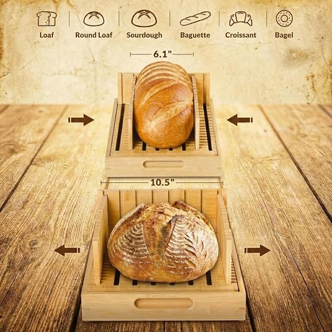 New 10.5" Extra Wide Bamboo Bread Slicer Guide | Crumb Catcher Board - Premium Wood Cutter & Serving Tray for Homemade Artisan Loaves, Kitchen Gadget Gifts for Bakers