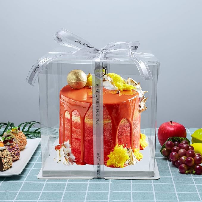 BURLIHOME 5 Pack Clear Cake Boxes 10x10x12 Inches, Tall Cake Boxes for Tier Cakes, Clear Gift Box for Wedding, Party, Birthday