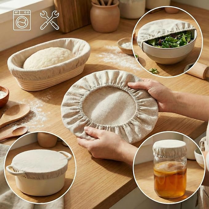 8 PCS Bread Proofing Basket Cloth Liner (6 Round) & 2 Sourdough Starter Jar Covers, 10 Inch Reusable Banneton Basket Cover for Sourdough Baking, Reusable Dough Bowl Liner (Round)