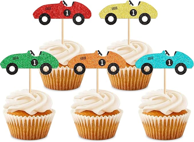 Ercadio 25 Pcs Colorful Race Cars Cupcake Toppers Cute Race Cars Cupake Picks for Racing Car Baby Shower Kids Funny Birthday Party Decoration Supplies
