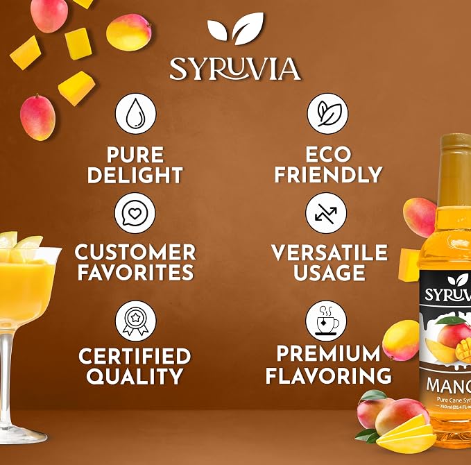 Syruvia Mango Syrup, Flavored Syrup for Cocktails, Fruit Drinks, Lemonades, and Desserts – 25.4 fl oz - with Pump