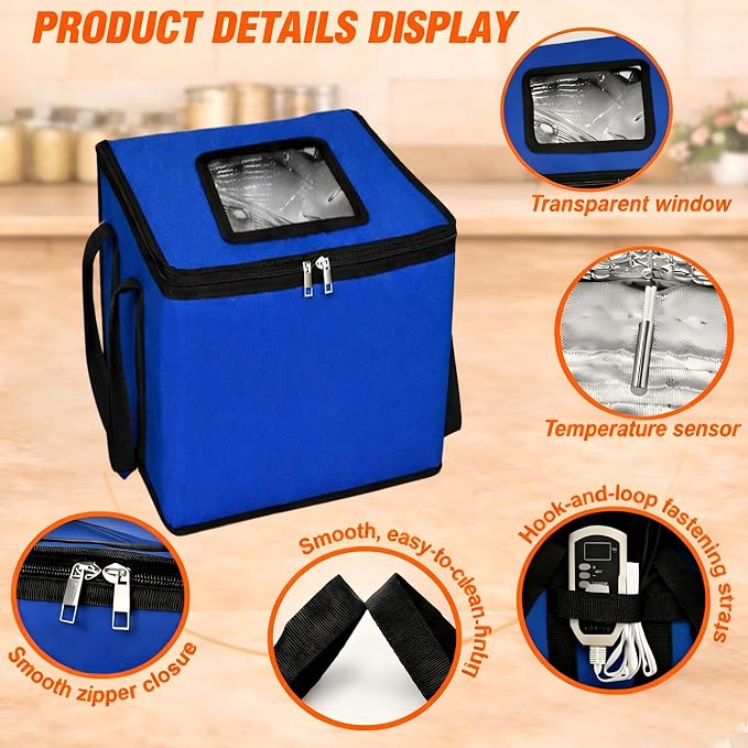 74l Large Foldable Proofing Box，Bread Proofer Blue 16.5 * 16.5 * 16.5in | Dough Proofer 4-Sided Heating，Temp Control (33-122℉), 96-Hour Timer， for Sourdough, Bread Baking, Pizza, Yogurt