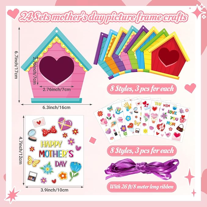 Dianelhall 24 Sets Mother's Day Picture Frame Craft Kit Love You Mom Photo Crafts Spring House Picture Frame Gift with Flower Stickers for Spring Mother's Day Classroom Holiday Party Activities(House)