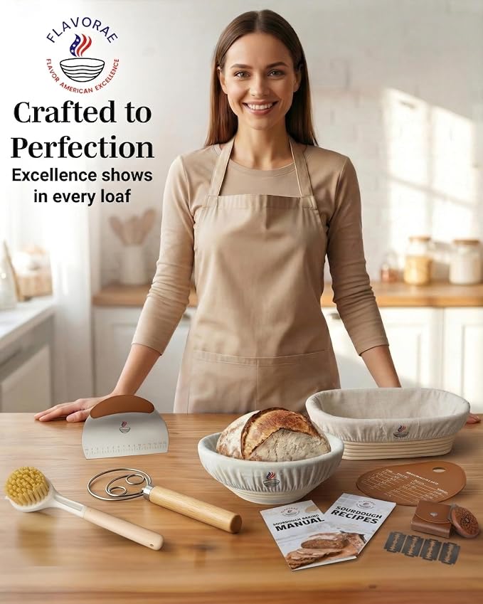 Banneton Bread Proofing Basket with Liners - Natural Rattan Dough Riser & Sourdough Starter Kit, Artisan Bread Loaves, Homemade Bread Making - 9” Round & 10" Oval Basket - 2 Pack