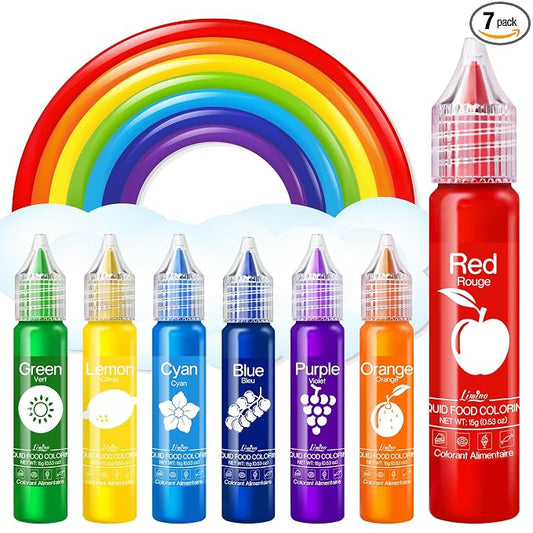 Food Coloring Set - Rainbow Edible Food Color Dye for Baking, Cake Decorating, Royal Icing, Cookie, Fondant and Macaron - 7 x 15g Food Grade Liquid Food Coloring Kit for DIY Slime and Crafts Making