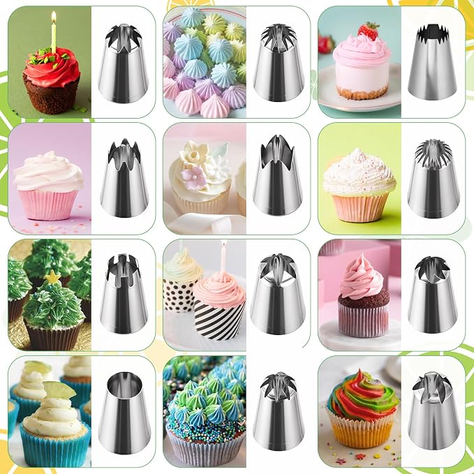 14Pcs Large Piping Tips Set, Stainless Steel Icing Nozzles Kit with Reusable Pastry Bag Cake Decorating Tip Set for DIY Pastry Dough, Cookie, Cupcake, Cakes and Baking