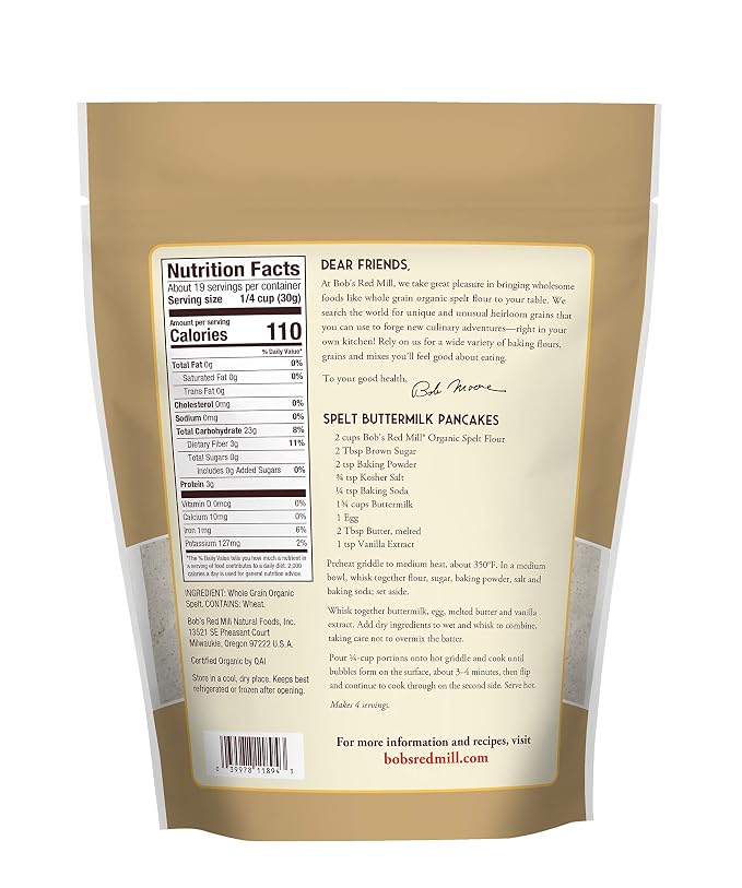 Bob's Red Mill Organic Spelt Flour, 20oz (Pack of 4) - Organic, Non GMO, Whole Grain, Vegan, Kosher