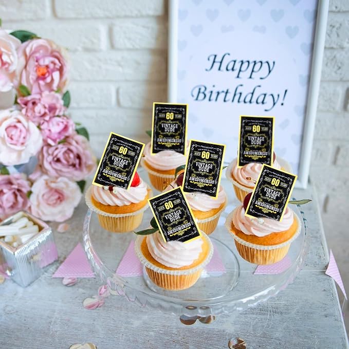 40Pcs Edible Rectangle 60th Birthday Card Cupcake Toppers Edible Golden Black 60 Vintage Dude Awesomeness Cupcake Picks Drink Toppers for 60th Vintage Birthday Anniversary Party Decorations