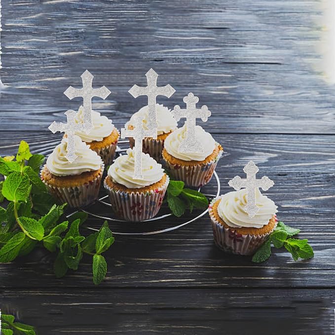 60 PCS Edible Cross Cupcake Toppers God Bless and Baptism Cupcake Toppers Edible Cross Cupcake Pick First Communion Cake Decorations for Religious Theme Baby Shower Birthday Party Supplies Silver