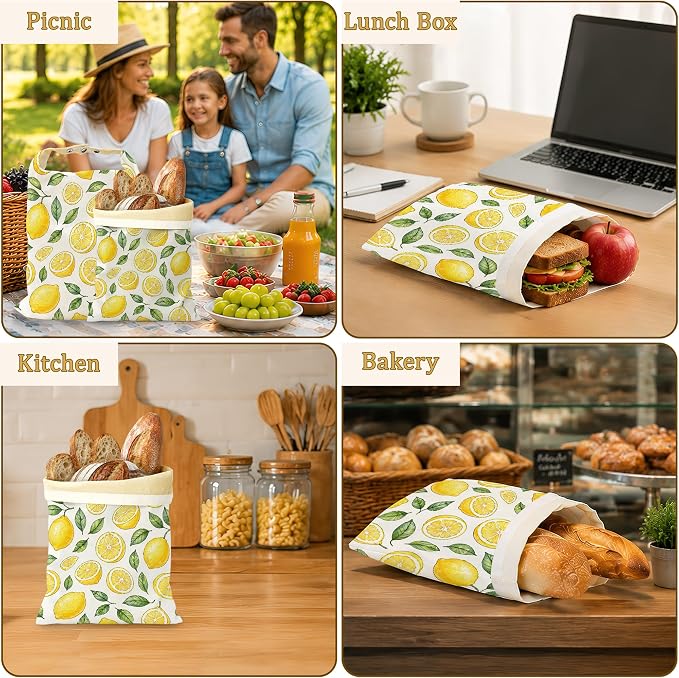 2 Pack Beeswax Linen Lemon Slices Bread Bags, Green Leaves Reusable Fresh Keeping Bags for Sourdough & Baguette, Freezable Portable Bread Storage Container 17×13''