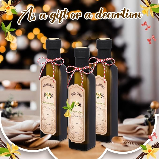 Tioncy 12 Pcs 8.5 oz Vanilla Extract Bottles for Homemade Vanilla Jar Amber Glass Square Bottle with Cap Shrink Band Sticker Syrup Food Storage Canister for Liquid Bean Sauce Spice Gift Giving(Black)