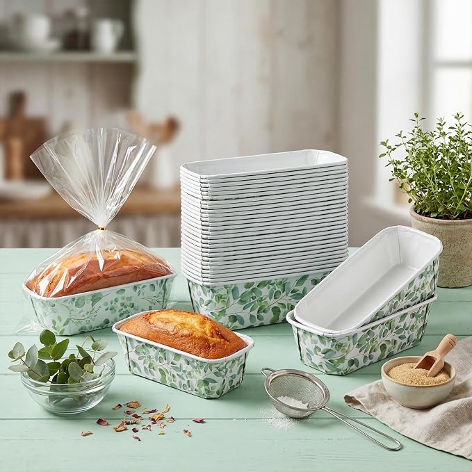 Hushee 50 Set Eucalyptus Paper Loaf Pans with Bags & Ties, 6.3x2.2x2.2 Disposable Mini Bread Baking Molds Rectangle Greaseproof Cake Liners for Gifts Wrapping Wedding Favors Sourdough Banana Bread