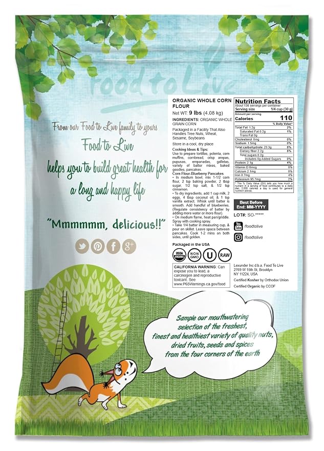 Food to Live Organic Corn Flour, 9 Pounds Non-GMO, Whole Grain, Finely Ground Meal, Vegan, Kosher, Bulk Yellow Milled Maize. Great for Cooking and Baking Cornbread, Pancakes, and Tortillas.