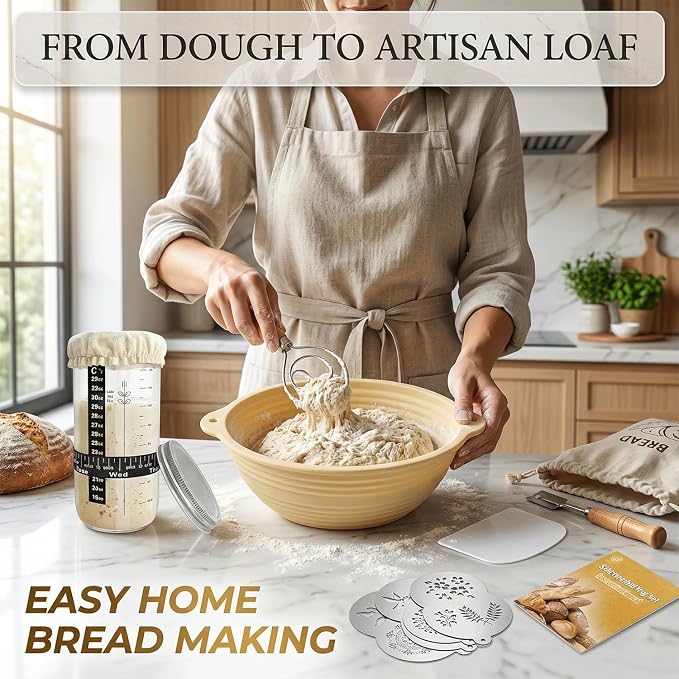 Sourdough Starter Kit, 28Pcs Sourdough Bread Baking Supplies, Sour Dough Bread Kit with 2 Silicone Banneton Bread Proofing Baskets, Sourdough Kit with Glass Starter Jar, Complete Bread Making tools