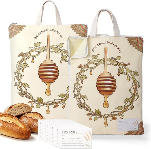 2 Pack Beeswax Bread Bags for Sourdough, 17x13 Inch Reusable Cotton Bread Storage Bags with Zipper and Handle Natural Beeswax Lining Freezer Friendly with 10 Food Labels Included (Honey Vine)