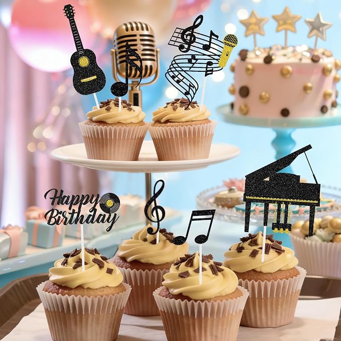 Hooqict 10Pcs Music Cake Decorations Set with Piano, Guitar, Music Notes, Happy Birthday Cake Toppers & Cupcake Toppers for Musician Birthday Party Decorations Supplies